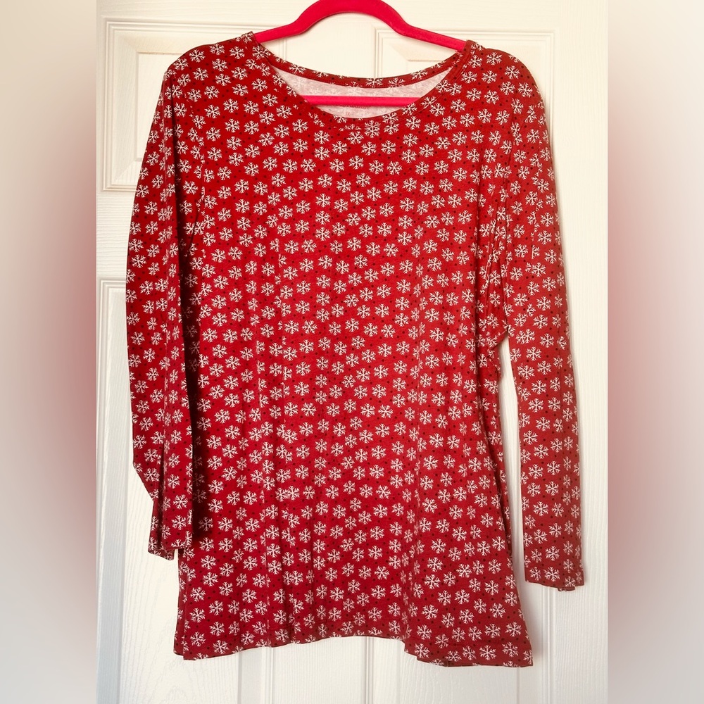 Woman Within Red Snowflake Long Sleeve Top